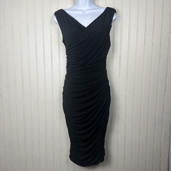Express Black Knee Length Dress With Ruching, V-Neck,‎ Side Zipper, Stretch - Picture 1 of 10